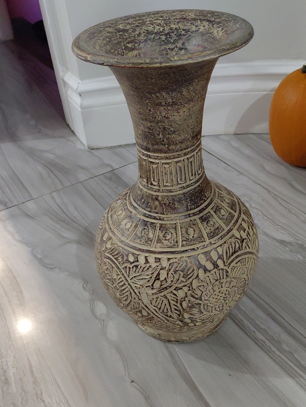 Textured Floral Ceramic Vase in Beige-Brown